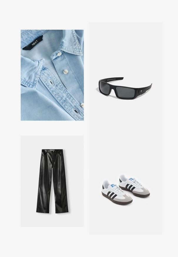 Lichtblauwen denim overhemd met een zachte textuur, geknoopte kraag, witte knopen en zichtbare stiksels. Next merklabel binnenin de kraag.; Twee longsleeve tops: één zwart en één wit. Beide hebben een ronde halslijn en een gladde, ribbelige textuur. Merklabelf zichtbaar binnenin de halslijn.; Zwarte leren wijde broek met een glanzende textuur, voorzien van twee voorzakken, een knoopsluiting en zichtbare naden.; Sportschoenen met een witte leren bovenkant, grijze suède neus en drie zwarte strepen. Bevat een blauw logo op de tong en een gestructureerde rubberen zool.; Zwarte zonnebril met een rechthoekig frame, donkergrijze glazen en een gladde plastic afwerking. Opvallend logoaccent aan de zijkant.; Zwarte nylon schoudertas met een gebogen vorm, zilveren kettingaccent, afneembaar mini-zakje en verstelbare schouderband; voorzien van het "Steve Madden" logo.