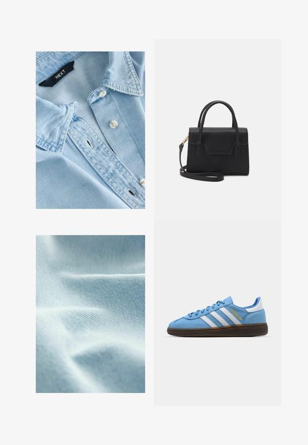 Svetlomodrá riflová košeľa s měkkou textúrou, zapínaná na gombíky, s bielymi gombíkmi a viditeľnými švami. Značka Next v golieri.; Svetlomodrá tkanina s hladkou štruktúrou a jemným diagonálnym tkaním, s jemnými záhybmi a jemnými variáciami odtieňov.; Svetlomodré semišové tenisky s bielymi koženými pruhmi, hnedou štruktúrovanou podrážkou a zlatým logom. Nízky strih s okrúhlou špičkou.; Čierna štruktúrovaná kabelka z kože s horným uchom, odnímateľným ramenným popruhom a predným uzáverom. Akcenty v zlatej farbe.