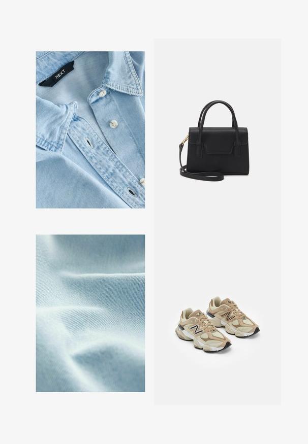 Cămașă din denim albastru deschis, cu o textură moale, guler îmbrăcat cu nasturi, nasturi albi și detalii de cusătură vizibile. Eticheta brandului Next se află în interiorul gulerului.; Țesătură de un albastru deschis, cu o textură netedă și un țesut diagonal fin, arătând plisuri delicate și variații subtile de nuanță.; Adidași bej din materiale mesh și suede. Prezintă un logo negru și accente texturate. Talpă intermediară albă groasă și talpă exterioară din cauciuc negru.; Geantă structurată neagră din piele, cu mânere superioare, curea de umăr detașabilă și detaliu cu clapetă frontală. Accente din metal aurit.