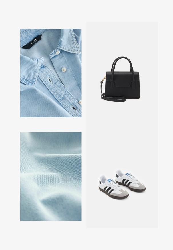 Camicia in denim azzurro chiaro con una texture morbida, colletto con bottoni, bottoni bianchi e dettagli di cucitura visibili. Etichetta del marchio Next all'interno del colletto.; Tessuto azzurro chiaro con una texture liscia e una fine trama diagonale, che mostra morbide pieghe e sottili variazioni di tonalità.; Scarpe sportive con tomaia in pelle bianca, punta in suede grigia e tre strisce nere. Presentano un logo blu sulla linguetta e una suola in gomma testurizzata.; Borsa a mano strutturata nera in pelle con manico superiore, tracolla staccabile e dettaglio con pattina frontale. Accenti in hardware dorato.