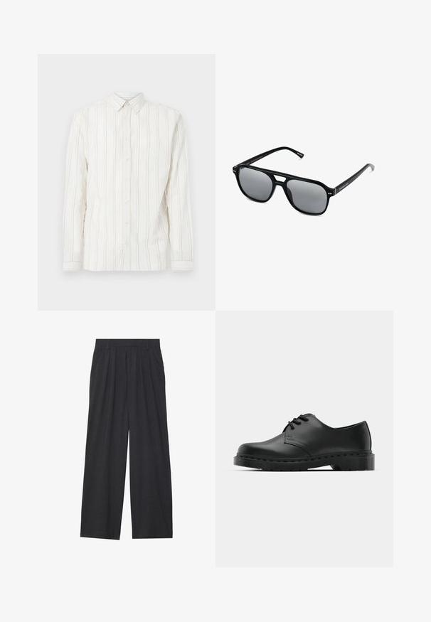 Witte lange mouwen knoopsluitingsoverhemd met verticale lichtbruine strepen, een klassieke kraag en knoopsluiting aan de voorkant. Zachte, textuurrijke stof.; Wijd-uitlopende broeken van donkergrijze stof. Kenmerken zijn plooien bij de taille, een tailor-made ontwerp en een rechte silhouet.; Zwarte leren oxford schoenen met vetersluiting, ronde neus, platte rubberen zool en subtiele stiksel details langs het bovenwerk.; Zwarte zonnebril met rechthoekige montuur, grijs getinte glazen en een uitgesneden ontwerp bij de neusbrug. Strak, glanzend kunststof materiaal met smalle veren.
