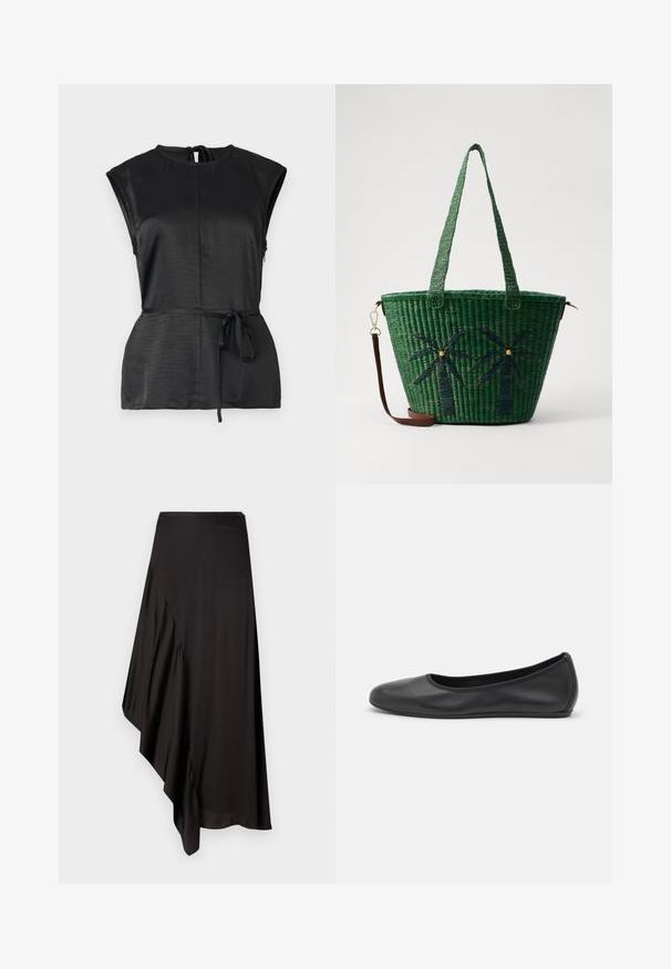 Fekete ujjatlan felső, magas nyakkivágással, texturált anyagból, deréknál megkötős övvel és kulcslyuk hátkivágással.; AERON ASTER SKIRT - Ceruzaszoknya - black; Fekete bőr balettcipő lekerekített orral, sima tekstúrával, minimális varrással és rugalmas talp kialakítással.; Zöld, pálmafával díszített, szőtt bevásárlótáska sötétebb zöld színben; két fogantyúval és levehető barna bőrpánttal rendelkezik.