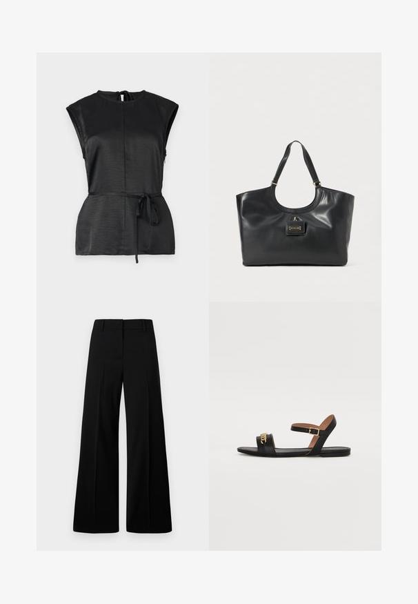 Top preto sem mangas com um decote alto, tecido texturizado, um cinto amarrado na cintura e um detalhe nas costas em forma de chave.; Calças largas pretas com uma textura suave, cós estruturado e pregas frontais. Design minimalista sem hardware visível.; Sandal de couro preto com sola plana, uma tira de dedo e uma tira de tornozelo com fivela dourada. Detalhe decorativo em corrente na frente.; Bolsa tote em couro preto com um acabamento brilhante, topo curvado, duas alças para o ombro e um detalhe em metal dourado na frente.