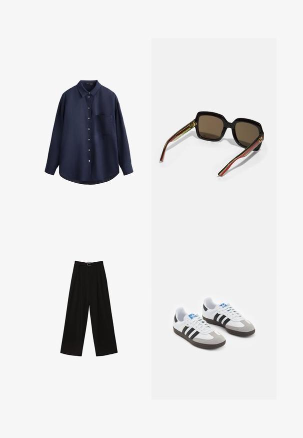 Mörkblå långärmad skjorta i texturerad tyg, med knappslå framtill, bröstficka och rundad nederkant.; Svarta vida byxor med hög midja, med ett bälte i midjan och veck för textur. Tillverkade av ett slätt, lätt material.; Sportskor med överdel i vit läder, grå mocka på tårna och tre svarta ränder. Har en blå logotyp på tungan och en texturerad gummisula.; Svart oversized solglasögon med bruna linser. Har unika randiga skalmar i grönt och rött, samt detaljer i guld. Fyrkantig form.; Brun tygaxelväska med en bred, rundad kropp och ett stort utskärningshandtag. Mjukt material, minimalistisk design och ingen synlig hårdvara.