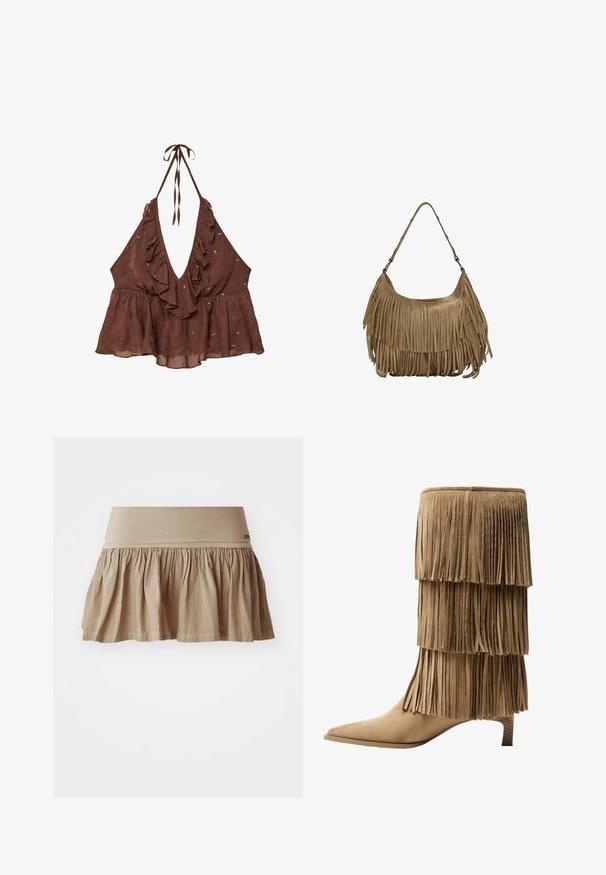 Brun, ærmeløs halterneck-top med dyb V-udskæring, rynket trim og dekorerede blomster mønstre. Fremstillet af letvægtsstof med flared design.; Beige bomuldsnederdel med en rynket kant, der har et bredt elastisk taljebånd. Let materiale med en blød tekstur og afslappet design.; Fringe ankelstøvle i tan ruskind med tre lag af frynser. Spids tå og en lav blokhæl. Glat tekstur over det hele.; Brun ruskind skuldertaske med lange frynser, en buet form og en enkelt skulderrem. Har en glat, tekstureret overflade.
