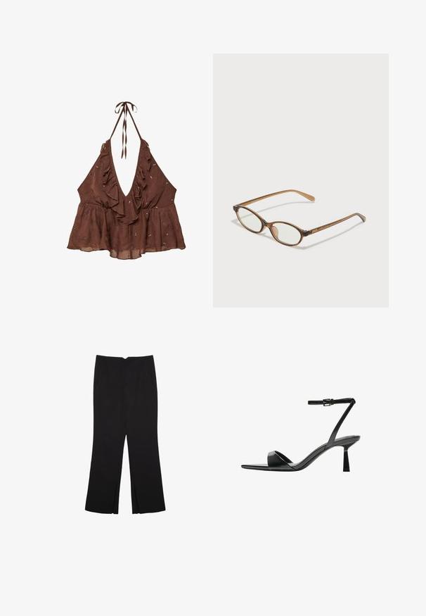 Rjava, brezrokavna halterneck majica z globokim V-izrezom, nabranim robom in okrasnimi cvetličnimi vzorci. Narejena iz lahkega materiala z razširjenim dizajnom.; Črne hlače ravnega kroja z naglavnimi žepi in stranskimi razporki na robu. Narejene iz mehke, gladke tkanine. Primerne za različne priložnosti.; Bershka Sandali z visoko peto - black; Rjavo želvovina očala z ovalnimi lečami, tankimi ročaji in prosojnimi detajli. Imajo subtilen logo na templetu. Eleganten, lahek dizajn.