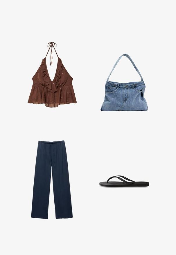 Brauner, ärmelloser Haltertop mit tiefem V-Ausschnitt, gerafftem Saum und verzierten Blumenmustern. Hergestellt aus leichtem Stoff mit flared Design.; Marinefarbene weit geschnittene Hosen aus einem weichen Stoff, mit einem elastischen Bund und einem Kordelzug für eine verstellbare Passform.; Schwarze Flip-Flops mit einer strukturierten Gummisohle, zwei schlanken Riemen und einem dezenten, geprägten Logo-Detail auf dem Riemen.; Denim Schultertasche mit einem gebogenen Tragegurt, zwei Vordertaschen und einem geknöpften Oberteil, ausgestattet mit hellblauem Stoff und kontrastierenden Steppnähten.