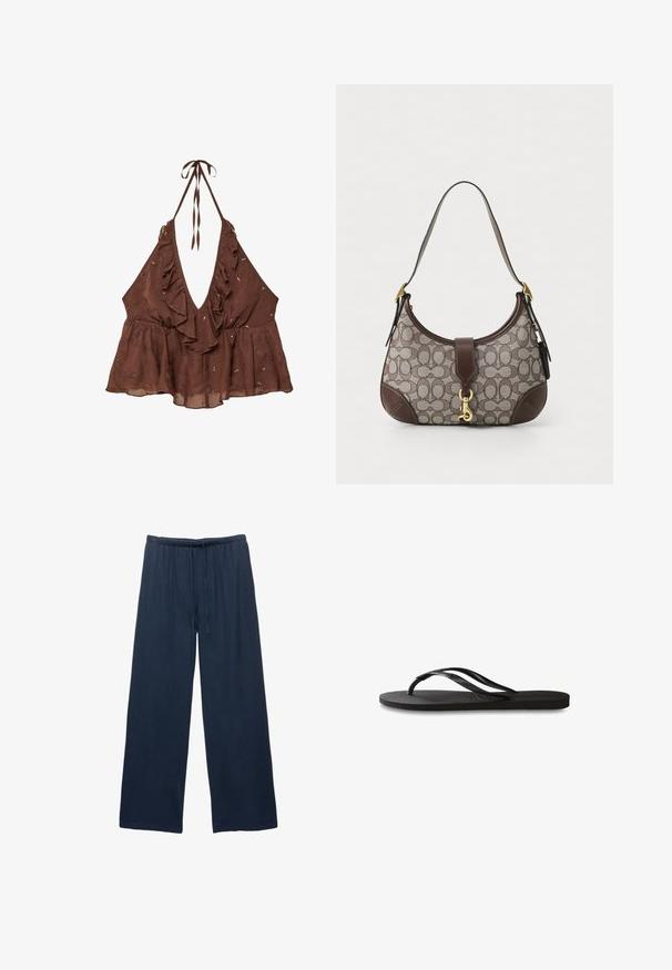 Brown, sleeveless halter top with a deep V-neck, ruffled trim, and embellished floral patterns. Made from lightweight fabric with a flared design.; Navy wide-leg pants made from a soft fabric, featuring an elastic waistband with a drawstring for adjustable fit.; Black flip-flop featuring a textured rubber sole, two slender straps, and a subtle, embossed logo detail on the strap.; COACH HAMPTONS HOBO BAG IN SIGNATURE JACQUARD - Handbag - oak maple
