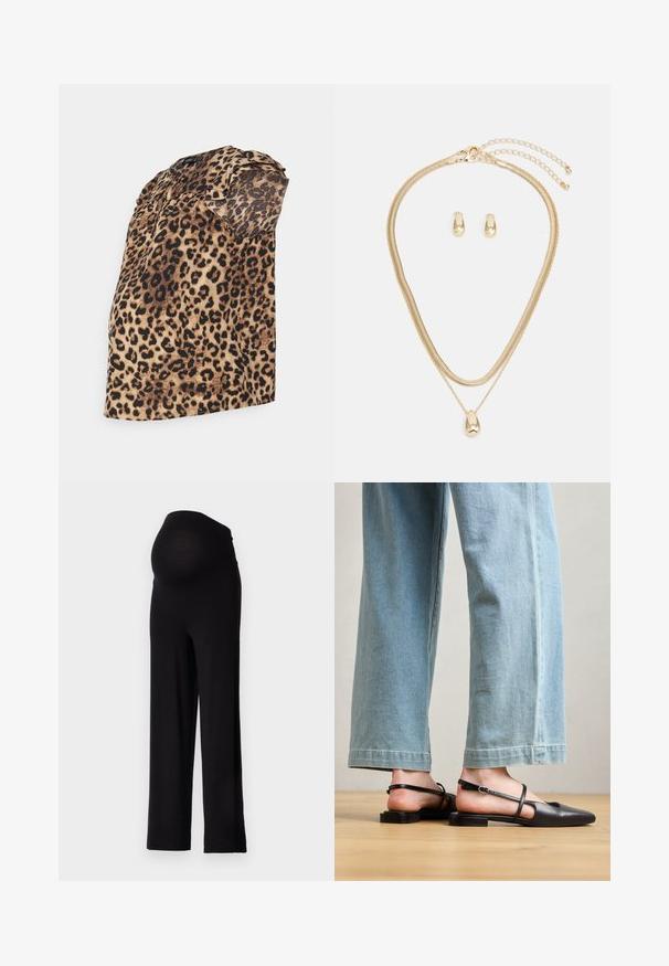 Blusa dengan pola macan tutul yang memiliki potongan longgar, lengan puff pendek, dan leher bulat, terbuat dari kain ringan bertekstur.; Mustat äidin housut, joissa on joustava, istuva vyötärö ja leveälahkeinen muotoilu. Valmistettu pehmeästä kankaasta, joka tarjoaa mukavuutta ja tukea.; Mustat nahkaiset slingback-kengät, joissa on terävä kärki, litteä korko ja nilkkahihna; yhdistetty vaaleansinisiin leveälahkeisiin farkkuihin.; Kulta korusetti, joka sisältää kerroksellisen kaulaketjun, jossa on pisaran muotoinen riipus, ja siihen sopivat nappikorviksia, kaikki kiillotetussa viimeistelyssä.