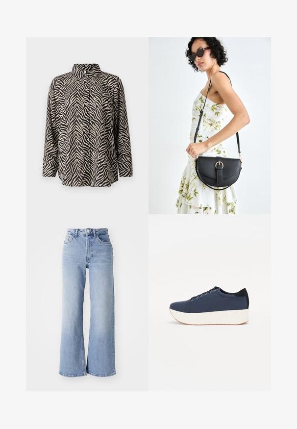 Cămașă cu mâneci lungi, cu nasturi, având un model de dungi de zebra alb-negru, cu un guler ridicat și un design lejer.; Jeans wide-leg de culoare albastru deschis cu talie înaltă, dotate cu buzunare frontale și spate, închidere cu buton și decolorare subtilă pe coapse și margini.; Sneaker albastru închis, cu un material texturat pe partea superioară, talpă platformă albă, vârf rotunjit și accent de călcâi negru. Dispune de șase găuri pentru șireturi.; Geantă din piele neagră, cu o formă curbată, curea detașabilă și accesorii aurii. Geanta are un capac cu un detaliu tip cataramă.