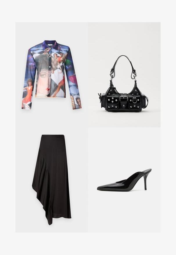 Průsvitná košile na knoflíky s barevným fotografickým potiskem lidí v dynamických pózách, s klasickým límcem a dlouhými rukávy.; AERON ASTER SKIRT - Pouzdrová sukně - black; Černé lakované kožené muly na vysokém podpatku s špičatou špičkou a elegantním siluetou, s otevřenou zadní částí a štíhlým stiletto podpatkem.; Černá kožená kabelka s křivkovým designem, zdobená stříbrnými hřebíky, s přezkou a dvěma bočními kapsami. Nastavitelný popruh pro různé možnosti nošení.