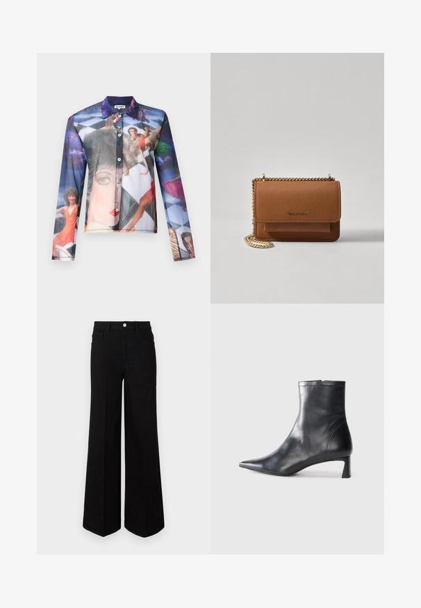 Cămașă transparentă cu nasturi, având un print fotografic colorat cu oameni în poziții dinamice, cu guler clasic și mâneci lungi.; Jeanși negri cu picior larg, fabricați dintr-un material rezistent, având talie înaltă, buzunare frontale și închidere cu nasture în față. Tăietură dreaptă la bază.; Cizmă de gleznă din piele neagră cu vârf ascuțit și un design elegant. Dispune de un toc mic și de o închidere cu fermoar la spate. Textură netedă.; Geantă crossbody din piele texturată maro, cu curea din lanț aurit și închidere cu clapetă. Partea din față prezintă detalii cu logo și o buzunar sub clapetă.