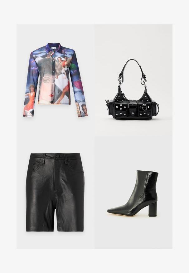 Cămașă transparentă cu nasturi, având un print fotografic colorat cu oameni în poziții dinamice, cu guler clasic și mâneci lungi.; Shorts negri din piele cu o textură netedă, având un fermoar frontal, închidere cu nasture și un design clasic cu cinci buzunare.; Botine negre din piele lucioasă, cu vârful ascuțit și un toc pătrat masiv. Au o textură netedă și un design minimalist.; Geantă de piele neagră cu un design curbat, dotată cu studuri argintii, o cataramă și două buzunare laterale. Curea ajustabilă pentru opțiuni de transport.