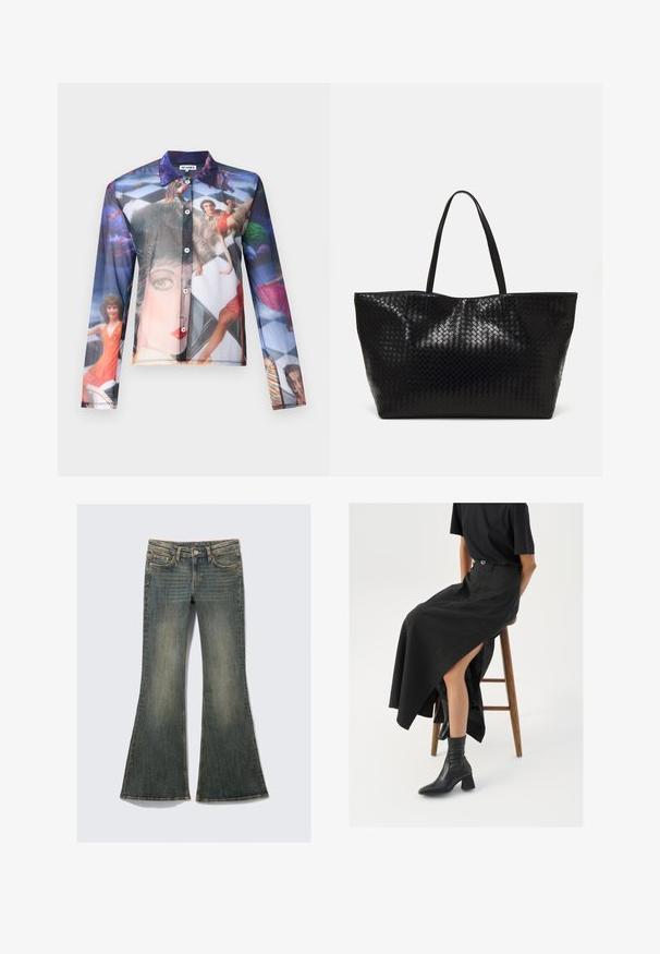Áttetsző, gombos ing, amely színes fényképes nyomattal rendelkezik dinamikus pózban lévő emberekről, klasszikus gallérral és hosszú ujjakkal.; Feszült farmernadrág halványkék színben, klasszikus öt zsebes dizájnnal, enyhe textúrával és látható varrás részletekkel.; Fekete len maxi szoknya magas hasítékkal, fekete pólóval és fekete bokacsizmával viselve. Minimalista dizájn, laza illeszkedéssel.; Fekete szövött bevásárlótáska két strapabíró füllel, fényes felülettel és tágas, nyitott tetejű kialakítással.