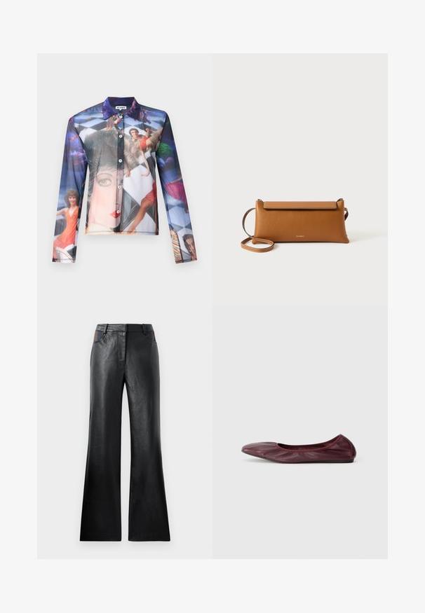 Priehľadná košeľa na gombíky s farebnou fotografickou potlačou ľudí v dynamických pózach, s klasickým golierom a dlhými rukávmi.; Čierne kožené rozšírené nohavice s hladkou textúrou, ktoré majú dve predné vrecká s čiernymi a hnedými akcentmi okolo pásu.; Balerínky v hlbokom burgundskom koži, s zaoblenou špičkou, elastickým okrajom a hladkým povrchom so subtilným detailom skladania.; Hnedá kožená kabelka na clutch, obdĺžnikový tvar, textúrovaný povrch, odnímateľný popruh, zipsové zatváranie, decentné logo embosované na prednej strane.