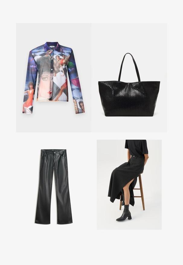 Průsvitná košile na knoflíky s barevným fotografickým potiskem lidí v dynamických pózách, s klasickým límcem a dlouhými rukávy.; Černé kalhoty z umělé kůže s rozšířenými nohavicemi a hladkou texturou, pět kapsami, předním zipem a kontrastním prošíváním.; Černá maxi sukně z lnu s vysokým rozparkem, nošená s černým tričkem a černými kotníkovými botami. Minimalistický design s volným střihem.; Černá tkaná taška přes rameno s dvěma pevným uchy, má lesklou texturu a prostorný otevřený vrch.