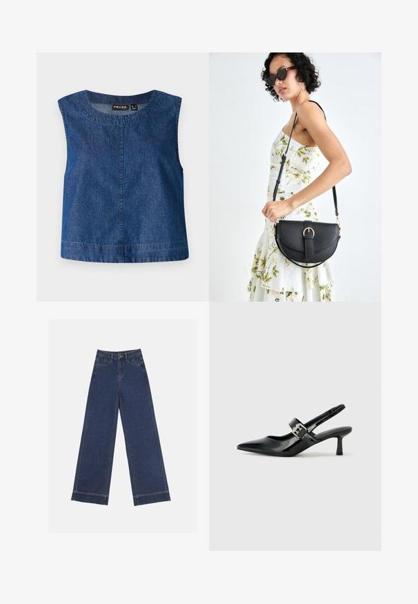 Zila džinsu bez piedurknēm topiņš ar apaļu izgriezumu, taisnu piegriezumu un smalki šuvumu detaļām gar malām. Zīmola etiķete redzama.; Platās kājas džinsi tumši zilā denima krāsā. Iespējas: piecas kabatas, siksnu cilpas un neapstrādāta apakša ar redzamām šuvju detaļām.; Melnas lakotas ādas sūkņa kurpes ar norādītu purngali un mazu bloku papēdi, ar sudraba sprādzi akcentā uz jostas.; Melnas ādas rokassoma ar izliekta formu, noņemamu siksnu un zelta aksesuāriem. Somai ir vāciņš ar sprādzes detaļu.