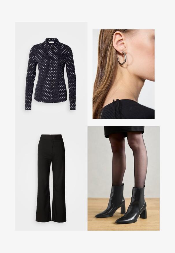Navy blue button-up shirt with long sleeves, featuring white polka dots. Made of smooth fabric, designed with a classic collar and fitted shape.; Black wide-leg trousers with a smooth texture, high waist, and a clean design. No visible pockets or embellishments.; Black leather ankle boots with a pointed toe, chunky square heel, and sleek design. Features elastic side panels for easy wear.; Silver hoop earring with a polished finish, featuring small gold accent details and a round shape, worn on the lobe.