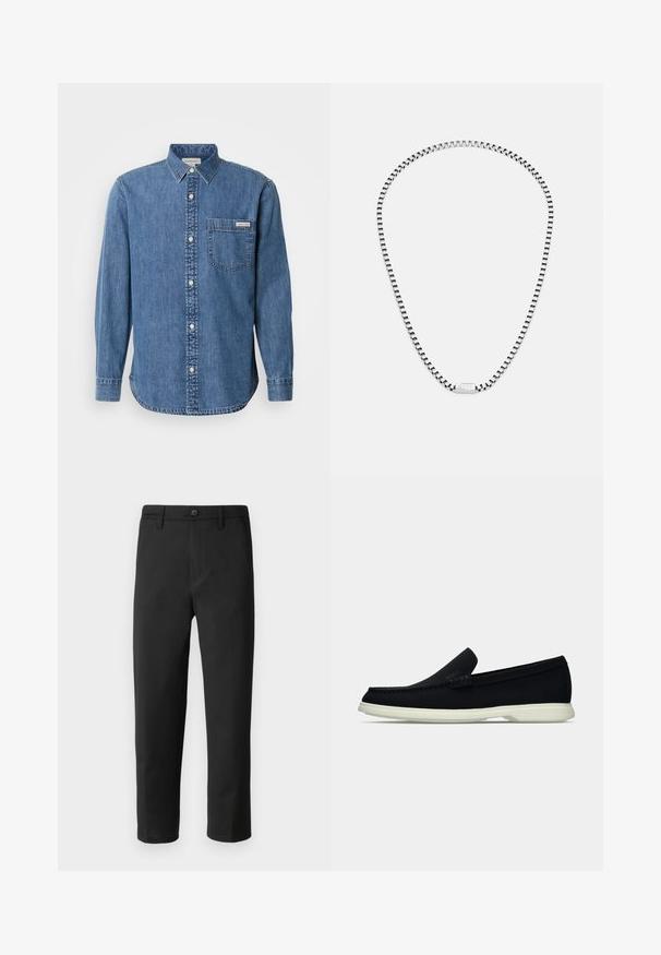 Jeansskjorta i medelblå med knapp-ner krage, långa ärmar, framficka och vita knappar. Har en något rundad fåll.; Svarta byxor med rak skärning, tillverkade av ett mjukt tyg. Har knappstängning och bälteslöljer. Inga synliga mönster eller detaljer.; Svart slip-on sko med rund tå, med en texturerad ovandel, slät vit sula och diskret logotypdetalj på sidan.; Silvrig kedja med ett hängsmycke som har växelvis polerade och matta länkar, med en rektangulär gravyr med varumärke i mitten fram.