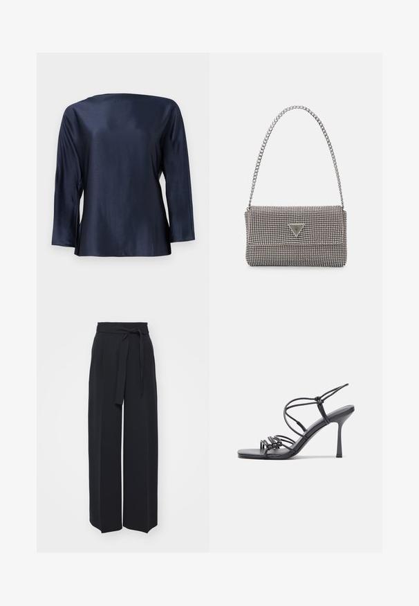 Laivastonsininen satiinitoppi, jossa on leveä pääntie ja kolmanneksen pituiset hihat. Sujuva pinta ja rento, laatikkomainen malli. Ei näkyviä kuvioita tai koristeita.; Mustapaita ilman hihoja, valmistettu puuvillasta, jossa on laivakaula-aukko ja pieni kristallinen kolmio-logo rinnassa. Sileä pinta.; Leveled black trousers made of soft fabric. Features a belted waistband and front pleats. Smooth texture with a clean, contemporary design.; Mustat korkokengät sandaalit, joissa on ohuet hihnat solmittuna, sileä neliön muotoinen varvasosa ja tyylikäs stiletto-korko.; Vaalea harmaa metallinen käsilaukku, jossa on ketjusanka. Laukku on koristeltu pienillä pyöreillä metallikoruilla ja kolmion muotoisella brändilogolla.; Hopeiset korvarenkaat, joissa on sileä ja kiiltävä pinta, kaareva muoto ja piikkikiinnitys. Minimalistinen muotoilu modernilla viimeistelyllä.