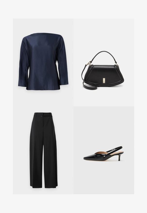 Top in satin blu navy con scollo ampio e maniche a tre quarti. Texture liscia con una vestibilità morbida e squadrata. Nessun motivo o accento visibile.; Pantaloni larghi neri con vita alta e cintura. Presentano una texture liscia e linee pulite, progettati per un fit rilassato.; Décolleté slingback in vernice nera con punta affilata, tacco basso e design con aperture sul vamp. Accento in hardware color oro sul lato.; Borsa a mano in pelle nera con un design strutturato, caratterizzata da una forma corta, manico superiore e accessori in metallo dorato. Inclusa tracolla regolabile.