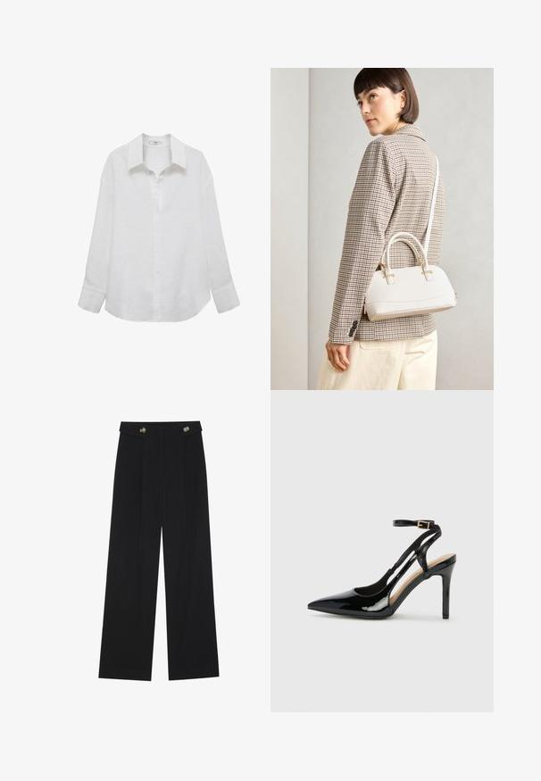 Witte langemouwen blouse van linnen, met een klassieke kraag, knoopsluiting aan de voorkant en een iets losse pasvorm met manchetrokken mouwen.; Zwarte wijde broek met hoge taille, knoopdetails op de tailleband en plooien aan de voorkant.; Zwarte lakleren hoge hak slingback schoenen met spitse neus, verstelbare enkelband en open zijkanten. Gladde textuur.; Witte gestructureerde handtas met korte handvatten en een schouderband, voorzien van gouden hardwareaccenten en een textuurmateriaal, tentoongesteld tegen een grijze achtergrond.