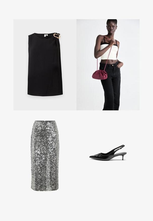 Ärmellose schwarze Bluse mit Rundhalsausschnitt und goldener dekorativer Schnalle an der linken Schulter, schlichtes Design.; Silberner Pailletten-Bleistiftrock mit figurbetontem Design, knielang und mit glatter Textur. Verfügt über einen verdeckten Reißverschluss an der Rückseite.; Schwarze Slingback-Pumps aus Leder mit spitz zulaufender Schuhspitze, niedrigem Kitten-Heel und gerafftem Detail am Vorderblatt. Glatte Textur und minimalistisches Design.; Burgunderfarbene Handtasche aus weichem Stoff mit gerafftem Design und langem Trageriemen, quer über den Körper getragen. Das Modell trägt ein weißes Crop-Top und schwarze Jeans.