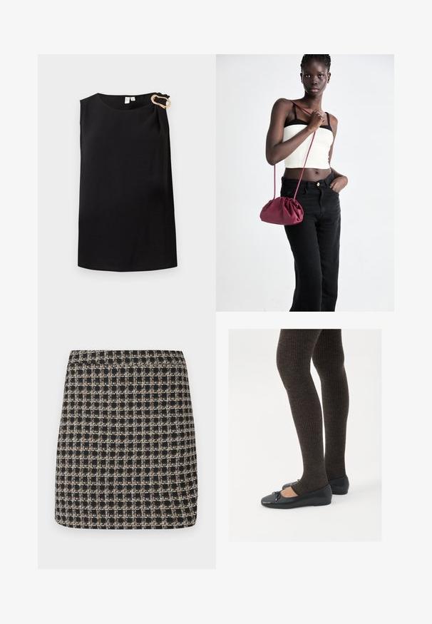 Melnā blūze bez piedurknēm ar apaļu kakla izgriezumu un zelta dekoratīvu sprādzi kreisajā plecā, vienkāršs dizains.; Melna un bež dažādības mini svārki ar teksturētu audumu un gludu jostasvietu, ar strukturētu piegriezumu un vienkāršu dizainu.; Melnas plakano formas kurpes ar mazu loku uz pirksta, apvienotas ar tumši brūnām ribotām zeķubiksēm. Kurpēm ir gluda tekstūra un zems profils.; Burgundijas mīkstas auduma soma ar sakoptu dizainu un garu siksnu, nēsāta uz krūšu. Modelis valkā baltu piegriezuma topu un melnas džinsus.