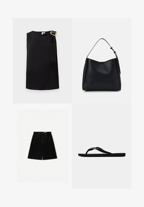 Mustaton hihaton paita, pyöreällä kauluksella ja kultaisella koristehakalla vasemmassa olkapäässä, yksinkertainen muotoilu.; Mustat farkkushortsit, joissa on väljä malli, viisi taskua, keltaiset tikkauskoristeet ja keskipitkä vyötärödesign.; Musta kumisaapas sandaali, jossa on teksturoitu thong-hihna ja yksinkertainen litteä pohja, esitetty sivustolta vaalealla taustalla.; Musta nahkainen hobo-laukku, jossa on yksi olkahihna, sileä pinta, kapeneva yläosa ja minimalistic suunnittelu ilman näkyvää metalliosaa.; Valkoinen helminauha, jossa on sileä pinta, varustettuna hopeisella lukolla, johon on kaiverrettu sana "HUGO". Tasakokoisia helmiä klassisessa muotoilussa.