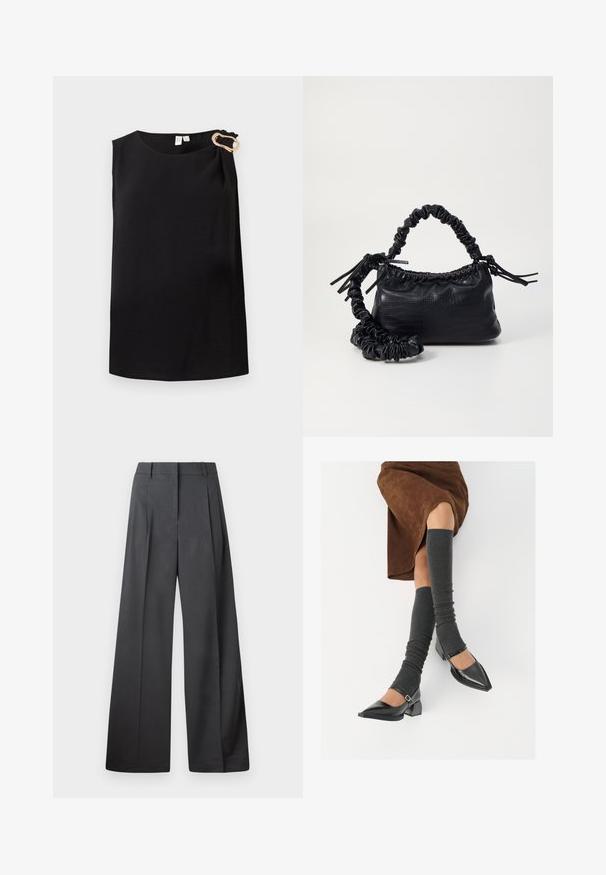 Ermeløs svart bluse med rund hals og gull dekorativ spenne på venstre skulder, enkel design.; Vide bukser i mørkegrått stoff med høy livlinje, enkel press, og en glatt tekstur med en ren finish på ermekantene.; Sorte lakkpumps med spiss tå, blokkhel, og ankelstropp, kombinert med grå ribbestrikkede beinvarmere og et brunt semsket skinn skjørt.; Svart faux skinn-håndveske med krokodilletekstur, strammet topp og en rynket stropp. Ser myk og kompakt ut i designen.