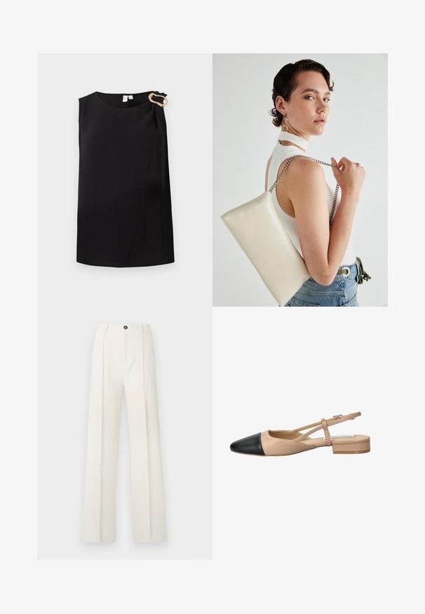 Ärmlös svart blus med rund hals och guldig dekorativ spänne på vänster axel, enkel design.; Vita, vida byxor med hög midja, med två framveck, en enkel knappstängning och fickor. Slät tygtextur.; Beige och svart tvåtonad slingback-sko med spetsig tå, platt klack och korsade remmar. Slät läderstruktur.; Vitt rektangulärt clutch-väsk i glänsande material, med en kedjesnor i silver. Modellen poserar och visar upp väskan mot en neutral bakgrund.