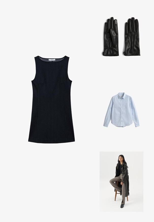Lyseblå skjorte med lange ærmer og hvide lodrette striber, knappet foran, med spredt krave og en lille broderet logo på brystet.; Langærmet hvid top lavet af blødt stof. Har en rund halsudskæring og et cropped design. Glat tekstur uden synlige mønstre eller detaljer.; Mørkeblå stribede ærmeløse kjole med lige snit, der har sidelommer og en rund halsudskæring. Glat stofstruktur.; Sort læder trench coat med knapper og bælte detalje, parret med lysebrune tætsiddende bukser og sorte loafers, siddende på en træstol.; Sorte læderhandsker med en glat tekstur, fem-finger design, samlet håndled og tre syede linjer på bagsiden af hver hånd.