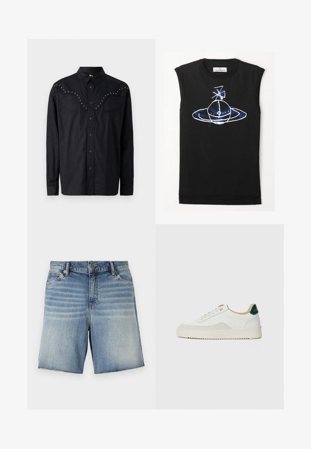 Svart skjorte med knappestolpe laget av et glatt stoff, med en vestlig stil yoke med metallnagler, to brystlommer og lange ermer.; Svart ermhull topp med en blå og hvit grafisk design av en planetlignende figur med ringer og satellittelementer. Myk bomullsmateriale.; Denimshorts i lys blå vask med en falmet design, fem-lommer stil, og en rå kanten finish. Har metallknapp og glidelås.; Hvit sneakers med semsket detaljer, rund tå, flate snøringer og en kremfarget gummisåle. Har grønn merking på hælen.