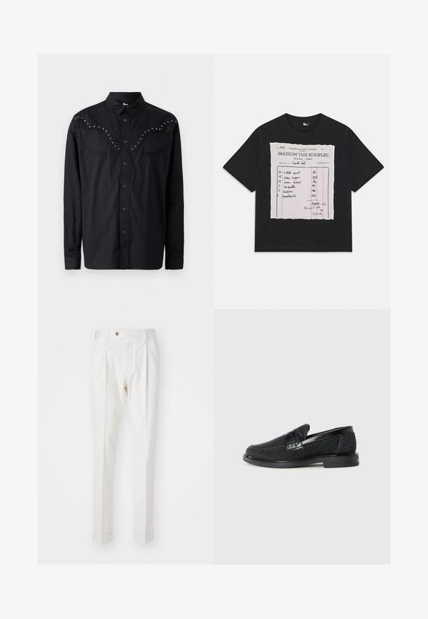 Schwarze Button-Up-Hemd aus glattem Stoff, mit einem westernartigen Einsatz und metallischen Nieten, zwei Brusttaschen und langen Ärmeln.; Schwarzes Baumwoll-T-Shirt mit einem Grafikdruck eines Tear-Sheets, das handschriftliche Notizen enthält, in einer kontrastierenden Farbe, auf denen Artikelinformationen und Preise aufgelistet sind.; Weiße, maßgeschneiderte Hosen mit flachem Bund, zwei Falten und umgeschlagenen Säumen. Hergestellt aus einem glatten Stoff mit einem Knopfverschluss an der Taille.; Schwarzer geflochtener Slipper mit einem glatten Lederakzent im Obermaterial, einem runden Zehendesign und einer flachen Gummisohle.