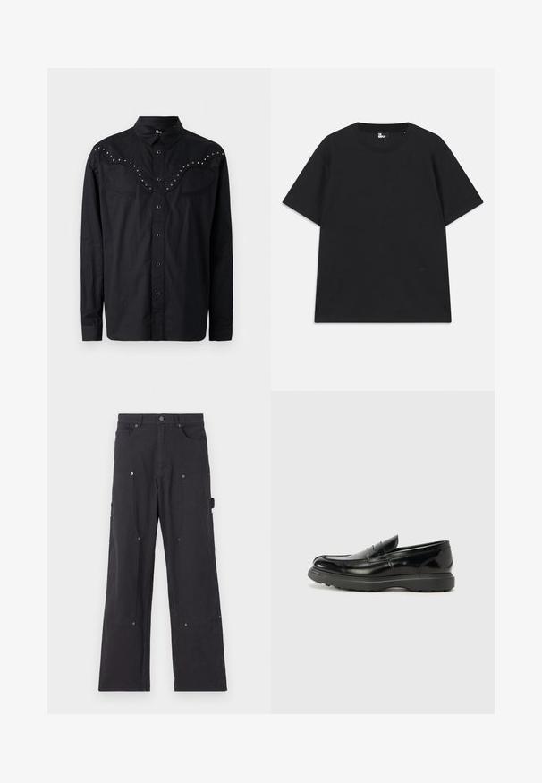 Sort button-up skjorte lavet af et glat stof, med en western-style yoke, metallic nitter, to brystlommer og lange ærmer.; Sort kortærmet t-shirt lavet af bomuld, med rund halsudskæring og en lille logo detalje nær kanten. Glat tekstur, normal pasform.; Sorte cargo-bukser lavet af slidstærkt stof med lige ben-design, der har forlommer, trykknapper og side-nytte lommer.; Sort læderloafer med en blank finish, rund tå, subtile syninger og en tyk gummisål for holdbarhed.