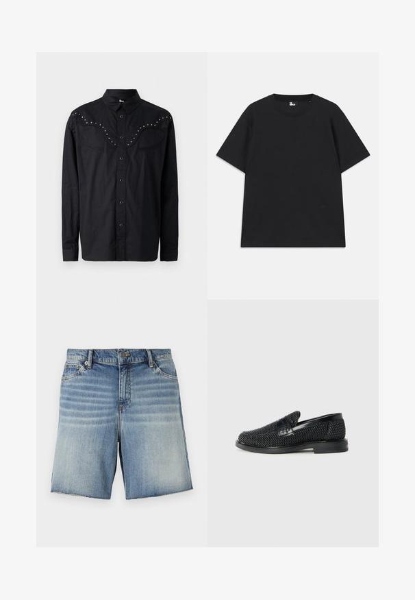 Chemise noire à boutons, en tissu lisse, avec un empiècement de style western orné de clous métalliques, deux poches poitrine et des manches longues.; T-shirt noir à manches courtes en coton, avec un col rond et un petit logo près de l'ourlet. Texture lisse, coupe régulière.; Shorts en denim bleu clair avec un design décoloré, style à cinq poches et finition à ourlet brut. Dotés d'un bouton en métal et d'une fermeture éclair.; Chaussure slip-on tissée noire avec un accent en cuir lisse sur le dessus, un design à bout rond et une semelle en caoutchouc à profil bas.
