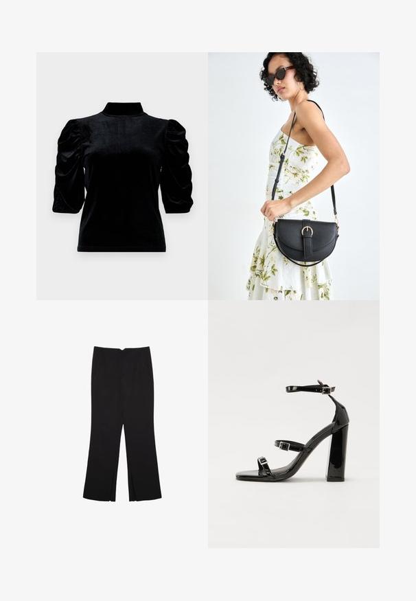 Schwarzes Samtoberteil mit hohem Kragen, kurzen Puffärmeln und taillierter Silhouette. Weiche Textur mit glattem, geschmeidigem Finish.; Schwarze Hose mit geradem Schnitt, ausgestattet mit Fronttaschen und Seitenschlitzen am Saum. Hergestellt aus weichem, glattem Stoff. Geeignet für verschiedene Anlässe.; Schwarze patentierte Sandalen mit Absatz, quadratischer Spitze, Knöchelriemen und silbernen Schnallen. Mit einem stabilen Blockabsatz für mehr Stabilität.; Schwarze Lederhandtasche mit geschwungener Form, abnehmbarem Tragegurt und goldenen Beschlägen. Die Tasche verfügt über einen Deckel mit einer Schnallen-Details.