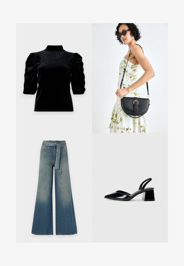 Musta samettitoppi, jossa on korkea kaulus, lyhyet puffihihat ja tiukka siluetti. Pehmeä rakenne, jossa on sileä ja kiiltävä pinta.; Yksiväriset farkut leveällä lahkeella, joissa on vaaleasta tummansiniseen häipyvä väri, korkea vyötärö, vyölenkit ja yhteensopiva kangasvyö. Rakennefarkkujen pinta.; Mustat patentoitu nahkakengät, joissa on säären takaosa ja terävä kärki, sekä geometrinen palikkakorko. Sisältää tyylikkään, minimalistisen muotoilun ja sileän pinnan.; Musta nahkainen käsilaukku, joka on kaareva muotoilultaan, irrotettavalla hihnalla ja kultaisilla yksityiskohdilla. Laukussa on läppä, jossa on solk yksityiskohta.