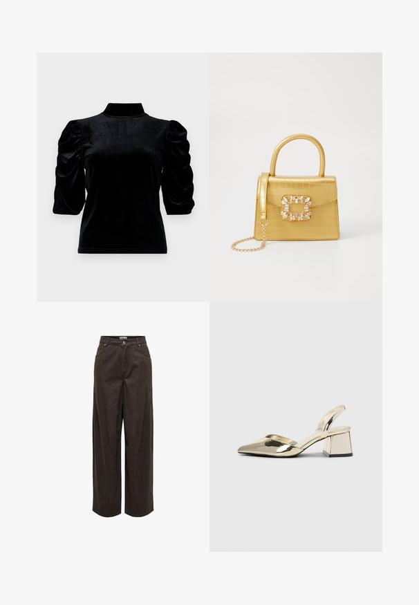 Crni baršunasti top s visokim ovratnikom, kratkim nabranim rukavima i prilagođenim krojem. Mekana tekstura s glatkim, sjajnim završetkom.; Široke hlače tamno smeđe boje, izrađene od pamuka, s klasičnim pojasom, zatvaranjem na patentni zatvarač, pet džepova i minimalističkim detaljima šivanja.; Zlatni metalik slingback sandali s šiljatim vrhom i debelim potpeticama. Glatka tekstura, minimalistički dizajn i uski remen.; Žuta torbica od umjetnog krokodila sa strukturiranim dizajnom, gornjom ručkom, odvojivim lančićem i dekorativnim kristalnim ukrasom na kopči.
