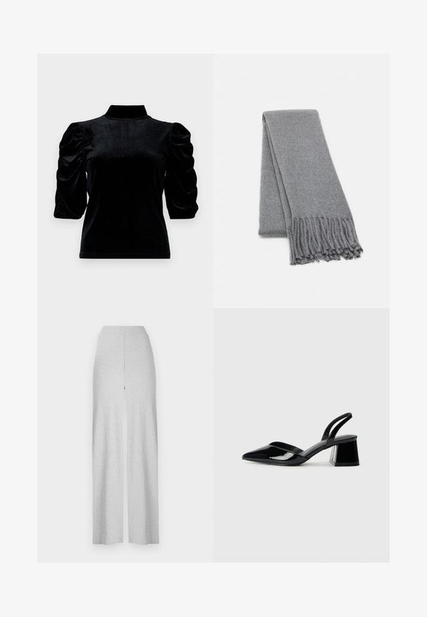 Črni žametni top z visokim ovratnikom, kratkimi napihnjenimi rokavi in prilegajočo silhueto. Nežna tekstura z gladkim, sijočim zaključkom.; Svetlo sivi rebrasti široki hlače z visokim pasom in sprednjim razporkom. Narejene iz mehkega materiala z gladko teksturo.; Črne lakirane slingback pete s koničastim nosom in geometrijsko blokasto peto. Imajo eleganten, minimalističen dizajn in gladko teksturo.; Siva volnena šal s mehko teksturo, ki ima frufrane robove in preprost vzorec. Skrbno zložen, da pokaže svojo podolgovato obliko.