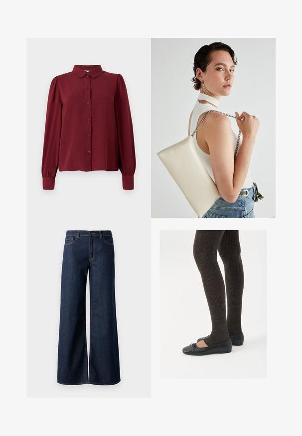 Burgundia pluus, millel on kaelus, nööpidega ees ja pikad puffvarrukad. Valmistatud tekstureeritud kangast, millel on sobituvad mansetid.; Laiad teksad tumesinises denimis. Omab kontrastõmblusi, viit taskut ja nupukinnitust vööl. Sile tekstuur.; Mustad mustad kingad väikese teksaga varvaste juures, koos tumedate pruunide ribakangastega. Kingadel on sile tekstuur ja madal profiil.; Valge ristkülikuline kotti, mis on valmistatud läikivast materjalist, hõbedase ahelsangaga. Mudel poseerib, tutvustades kotti ühtlase taustaga.