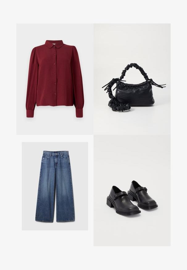 Bordovo raudona bliusoną su apykakle, mygtukų užsegimu priekyje ir ilgomis pūstomis rankovėmis. Pagaminta iš tekstūruoto audinio su prigludusiais riešais.; Platus mėlynos džinsinės kelnės su išblukusiu paviršiumi, su mygtukų ir užtrauktuko uždarymu, penkiomis kišenėmis ir diržo kilpomis.; Juodos odinės bateliai su apvaliu priekiu, plokščiu padu ir dirželiu su sagtimi. Didelis blokinis kulnas, užtikrinantis papildomą stabilumą.; Juodas dirbtinės odos rankinė su krokodilo tekstūra, sušnibždinta viršuje ir susikraipytu dirželiu. Atrodo minkšta ir kompaktiška.