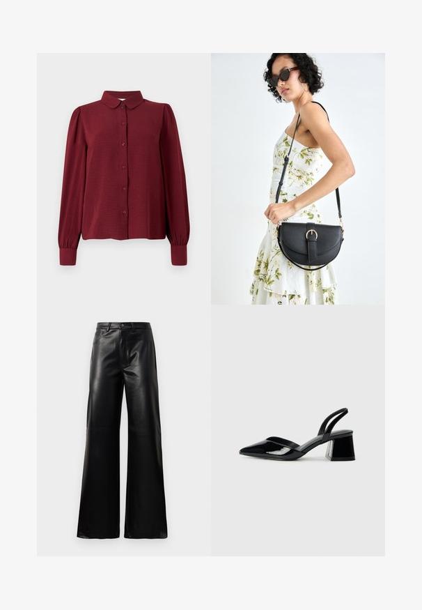 Blusa bordeaux con colletto, chiusura a bottoni frontale e maniche lunghe a sbuffo. Realizzata in tessuto testurizzato con polsini aderenti.; Pantaloni ampi a vita alta in ecopelle neri con bottone frontale, chiusura con zip, passanti per cintura e tasche laterali su sfondo bianco.; Décolleté in vernice nera con punta affusolata e tacco in geometria cubica. Presentano un design elegante e minimalista, con una texture liscia.; Borsa a tracolla nera in pelle con una forma curva, manico rimovibile e accessori dorati. La borsa presenta una patta con un dettaglio a fibbia.