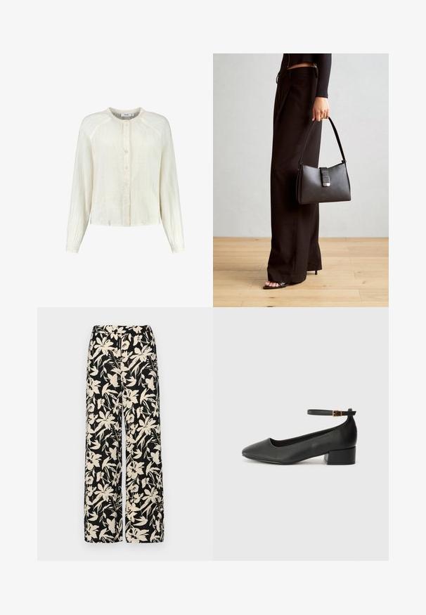 Cream-colored, lightweight button-up shirt with long sleeves, textured fabric, and a round neckline. Features a subtle crinkle detail.; Black wide-leg pants with a cream floral pattern. Made of lightweight fabric, featuring a smooth texture and a high waistband.; Black leather pump with a pointed toe and a low block heel. Features an ankle strap with a gold-tone buckle. Smooth texture.; Black handbag with structured shape, smooth texture, and a metallic clasp. Paired with wide black pants and open-toe sandals on wooden floor.
