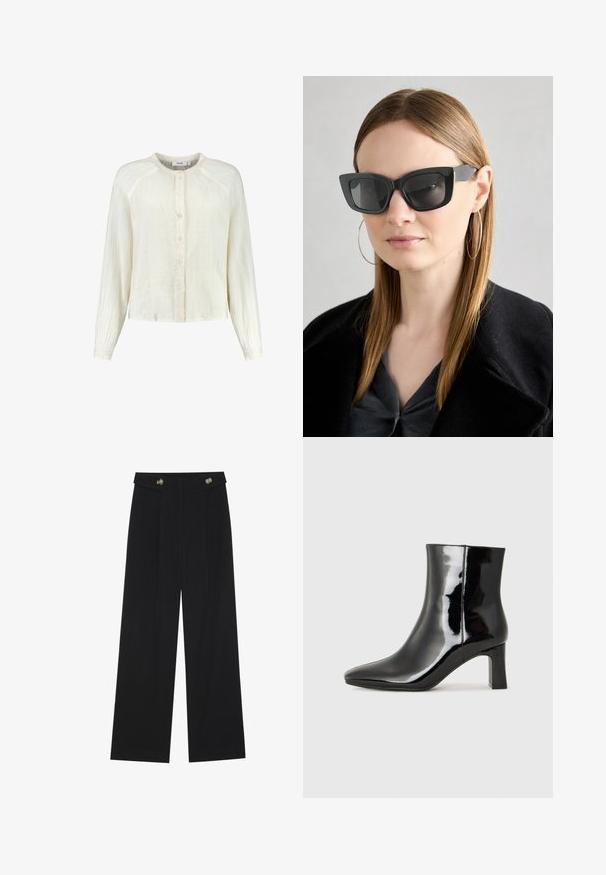 Košulja krem boje, lagana, s dugim rukavima, teksturirane tkanine i okruglim izrezom. Ima suptilan naborani detalj.; Crne hlače širokih nogavica s visokim strukom, s dugmadi na pojasu i prednjim nabora.; Crne lakirane kožne gležnjače s šiljastim prstom i srednje visokom blok petom. Glatka tekstura i minimalistički dizajn.; Crne mačje naočale s tamnim staklima, debelim okvirima i suptilnim detaljima. Nosit će se s crnim kaputom i sivoj majici, s dugom ravnom kosom.