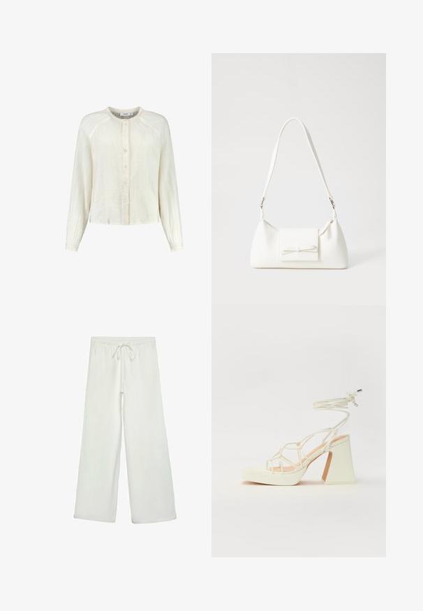 Vaaleankermankalainen, kevyt nappikauluspaita pitkillä hihoilla, tekstuurikangas ja pyöreä pääntie. Sisältää hienovaraisen rypistysdetailin.; Valkoiset leveälahkeiset housut pehmeästä kankaasta. Varustettu joustavalla vyötäröllä ja nyörillä sekä sileällä pinnalla. Ei näkyviä kuvioita tai tarvikkeita.; Valkoinen korkokenkä, jossa on paksu korko, ja joka sisältää nauhakiinnityksen ja nilkkaketjun. Sujuva pinta, jossa on platform-etupohja lisäkorkeutta varten.; Valkoinen synteettinen käsilaukku, jossa on kolmikulmainen muoto, tasainen etu läppä ja nauhadetail, säädettävä olkahihna, sileä rakenne ja minimalinen muotoilu.