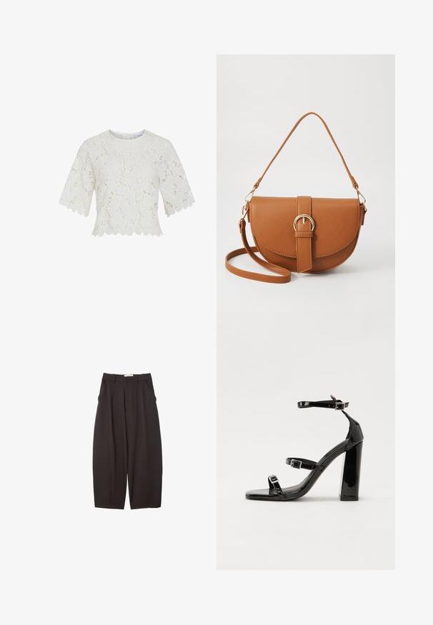 Witte kanten blouse met korte mouwen, bloemenpatroon, gegolfde zoom en ronde halslijn. Lichtgewicht stof, intricaten details door het hele shirt.; Zwarte wijde broek gemaakt van een gladde stof, met een hoge taille, voorplooien en zijzakken. Eenvoudig ontwerp zonder versieringen.; Zwarte patent lederen sandalen met hoge hakken, twee gespenbanden, een vierkante neus en een stevige blokhak, met een gladde, glanzende textuur.; Bruine leren schoudertas met een gebogen vorm, gouden hardware en een gespaccent. Bevat een afneembare schouderriem.