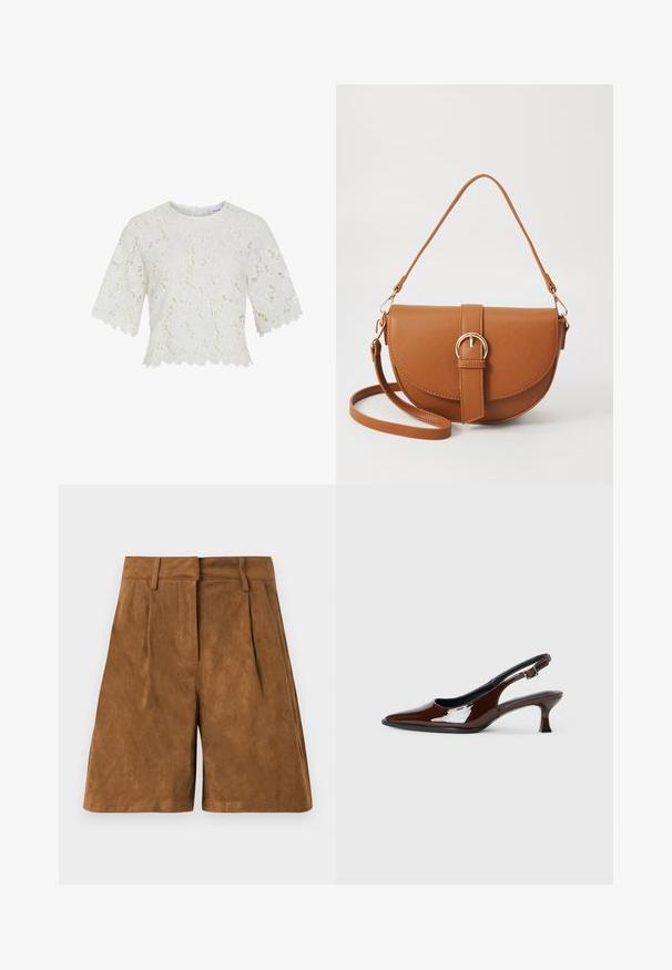Blusa bianca in pizzo con maniche corte, motivo floreale, orlo scallop e scollatura rotonda. Tessuto leggero, dettagli intricati in tutto.; Pantaloni corti in suede marrone con una texture liscia, caratterizzati da pieghe frontali, una vita piatta e una linea dritta.; Scarpa slingback in pelle verniciata marrone con punta affusolata e tacco moderato. Presenta una fascia con fibbia per una calzata sicura. Tessuto liscio.; Borsa a tracolla in pelle marrone con forma curvata, hardware dorato e un dettaglio con fibbia. Presenta una tracolla rimovibile.