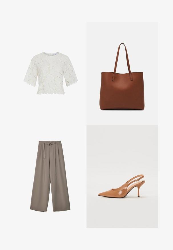 Hvid blondebluse med korte ærmer, blomstermønster, bølget kant og rund halsudskæring. Letvægtsstof, intrikate detaljer overalt.; Vide ben bukser i et blødt, afdæmpet grå stof, med en bælte i taljen og plisseringer for ekstra designdetalje. Glat tekstur, ingen mønstre.; Spids tå slingback hæl i et glat, blankt tan materiale. Har et buet udskæring design og en slank stiletto hæl. Sølv spænde detalje.; Brun læder tote taske med en glat overflade, åben topdesign og to skulderremme. Har minimal syning og ingen synlig hardware.