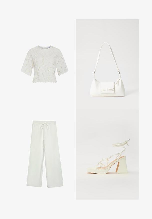 White lace blouse with short sleeves, floral pattern, scalloped hem, and round neckline. Lightweight fabric, intricate detailing throughout.; White wide-leg pants made of soft fabric. Features an elastic waistband with a drawstring and a smooth texture. No visible patterns or hardware.; White high-heeled sandal with a chunky heel, featuring a strappy design and ankle tie. Smooth texture with a platform front for added height.; White synthetic handbag with a triangular shape, flat front flap and bow detail, adjustable strap, smooth texture, and minimalistic design.